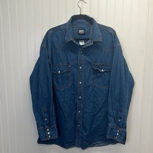 Vtg Key‎ Workwear Denim Pearl Snap Western Shirt Long Sleeve Cotton Sz 2XL
